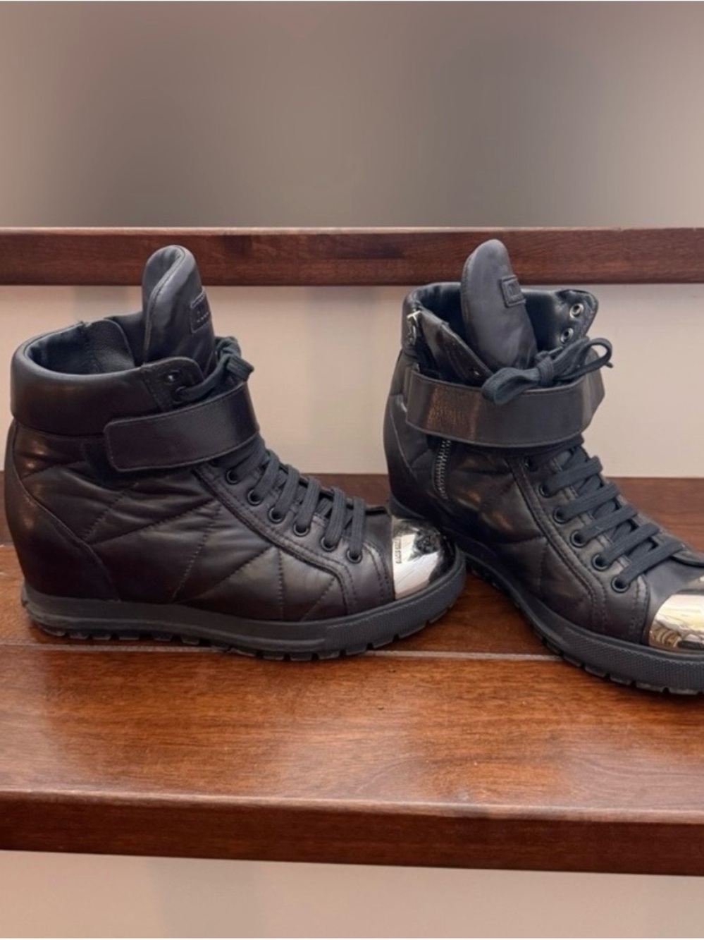Miu Miu Leather High-Top Sneakers with Metallic front